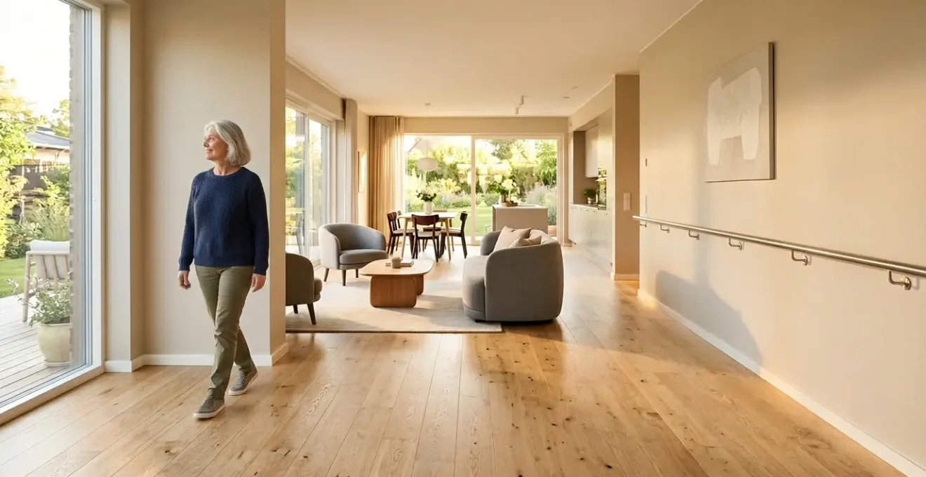 Intérieur moderne d'une maison adaptée pour seniors avec équipements de sécurité discrets et aménagements ergonomiques