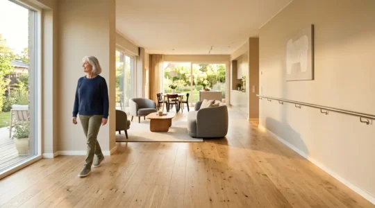 Intérieur moderne d'une maison adaptée pour seniors avec équipements de sécurité discrets et aménagements ergonomiques
