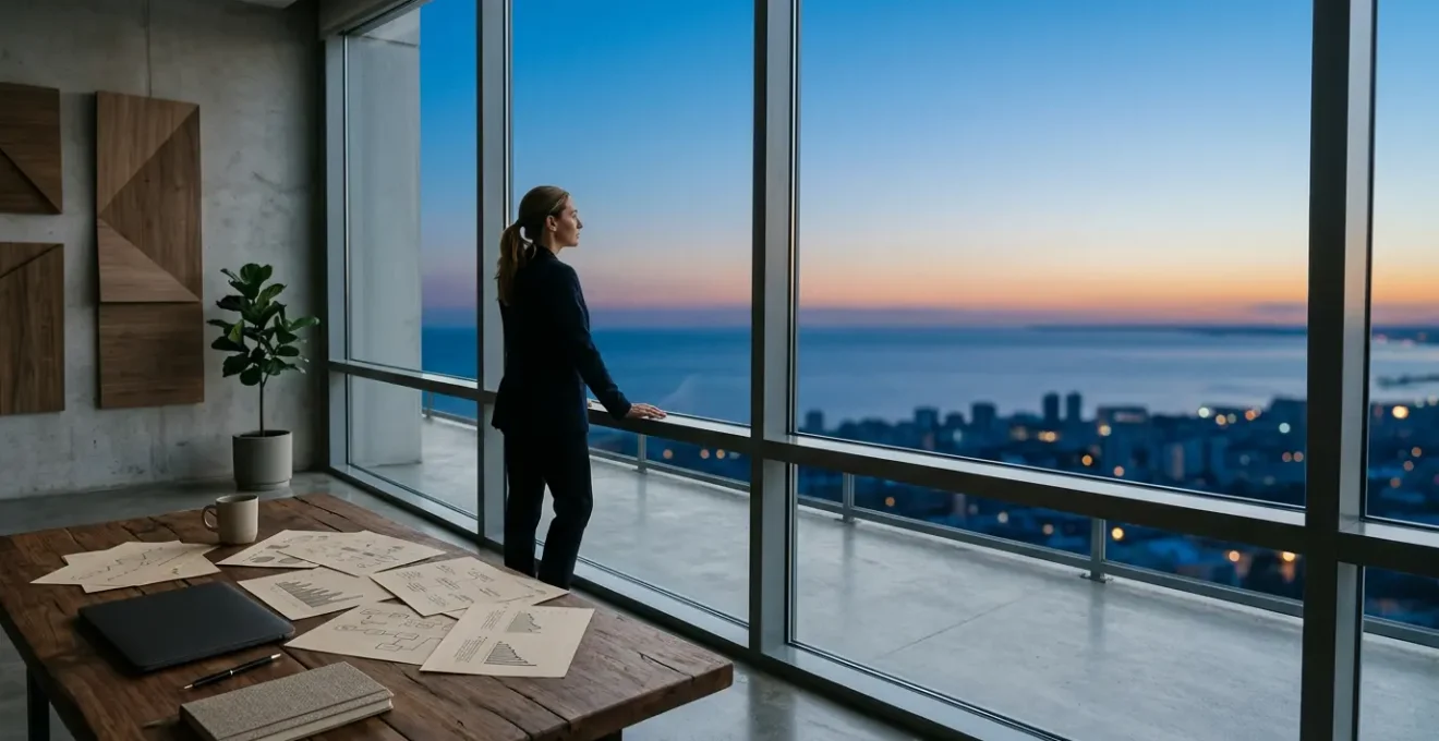 Entrepreneur analysant des données stratégiques sur un bureau moderne avec vue panoramique sur un horizon calme