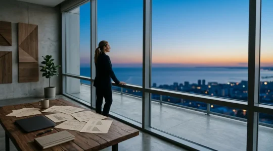 Entrepreneur analysant des données stratégiques sur un bureau moderne avec vue panoramique sur un horizon calme