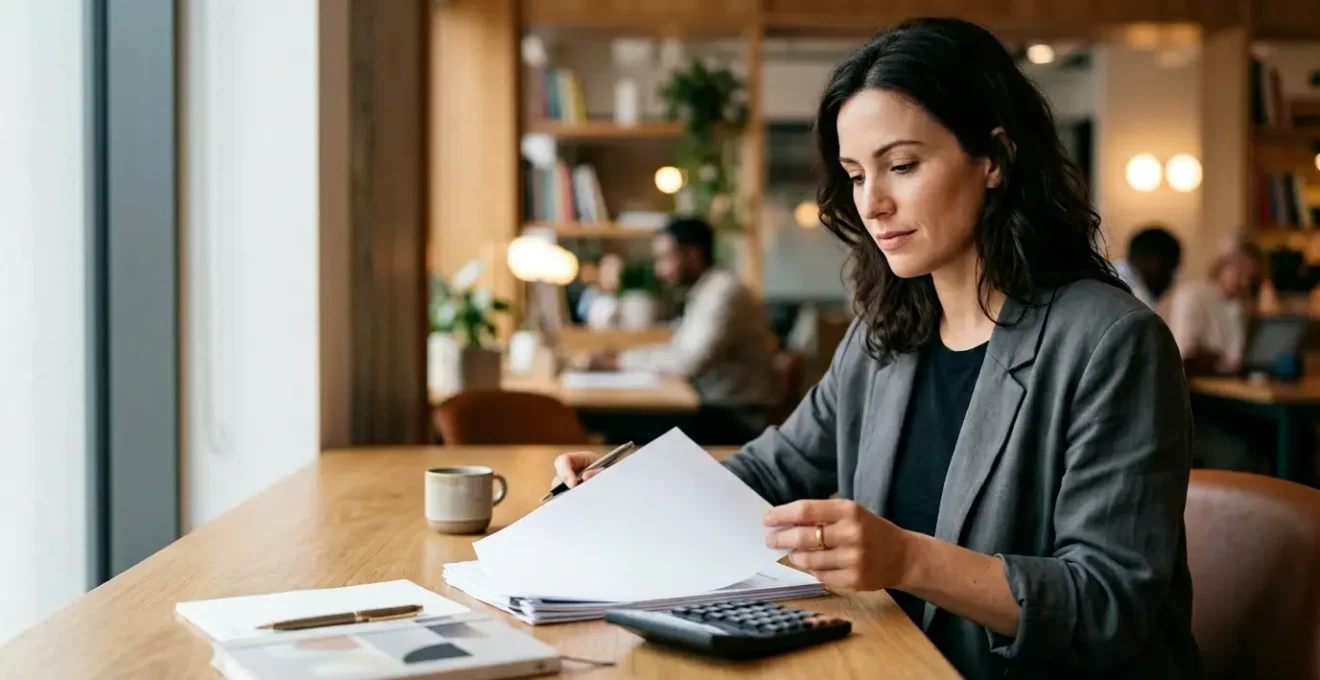 Entrepreneur calculant sereinement les seuils de TVA dans un bureau moderne avec documents financiers