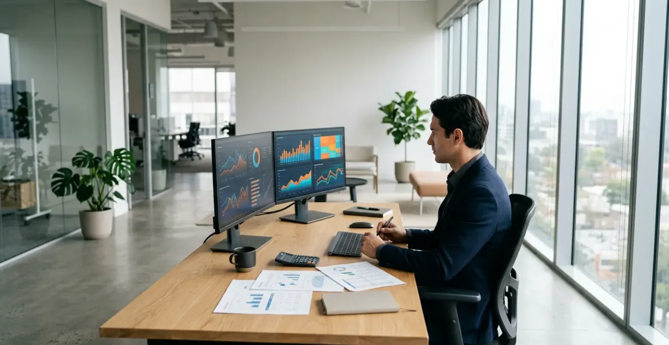 Entrepreneur analysant des graphiques de rentabilité sur plusieurs écrans avec calculatrice et documents financiers