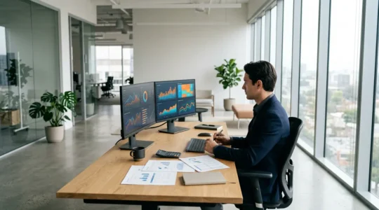 Entrepreneur analysant des graphiques de rentabilité sur plusieurs écrans avec calculatrice et documents financiers