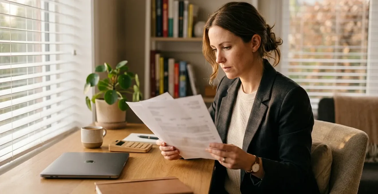 Entrepreneur examinant des documents fiscaux CFE dans un bureau à domicile épuré