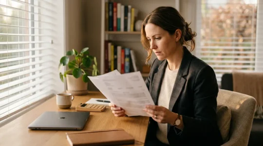 Entrepreneur examinant des documents fiscaux CFE dans un bureau à domicile épuré