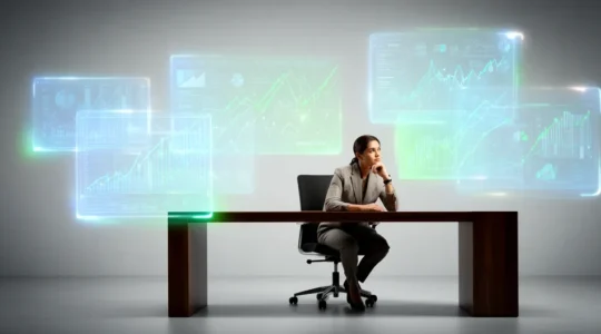 Entrepreneur analysant des documents fiscaux dans un bureau moderne avec des graphiques de trésorerie