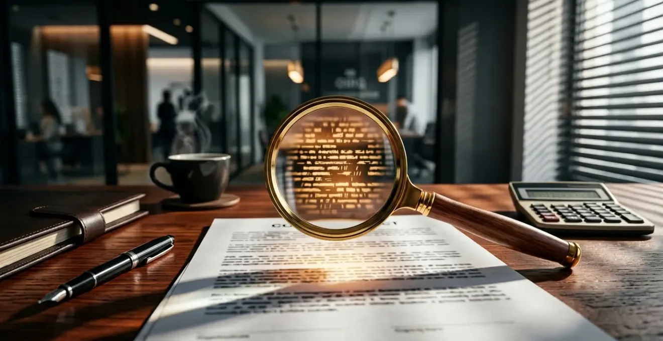 Vue professionnelle d'un bureau avec documents contractuels analysés à la loupe