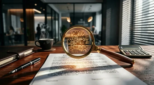 Vue professionnelle d'un bureau avec documents contractuels analysés à la loupe