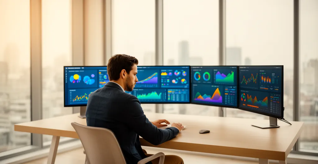 Entrepreneur analysant des métriques de coût d'acquisition sur plusieurs écrans dans un bureau moderne