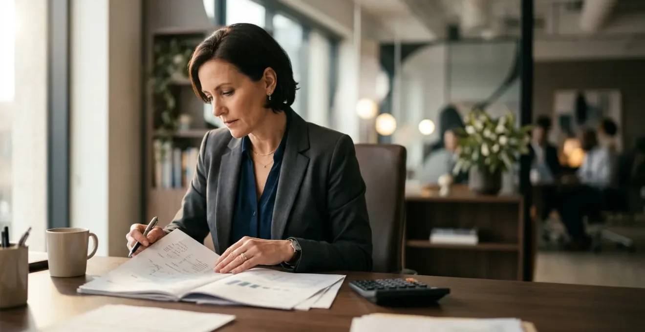 Dirigeant d'entreprise analysant des documents financiers dans son bureau moderne