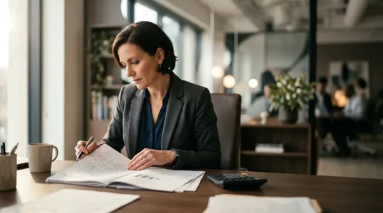 Dirigeant d'entreprise analysant des documents financiers dans son bureau moderne