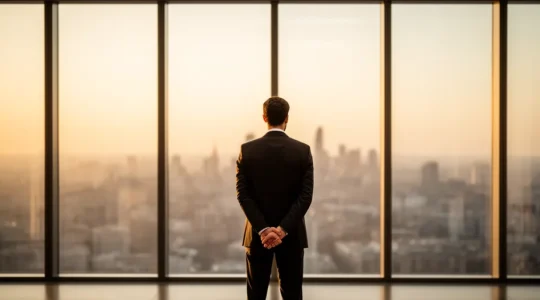 Dirigeant en pleine réflexion stratégique dans un environnement professionnel minimaliste