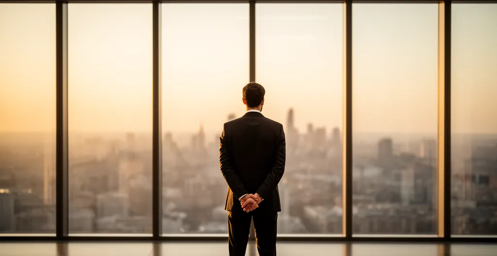 Dirigeant en pleine réflexion stratégique dans un environnement professionnel minimaliste