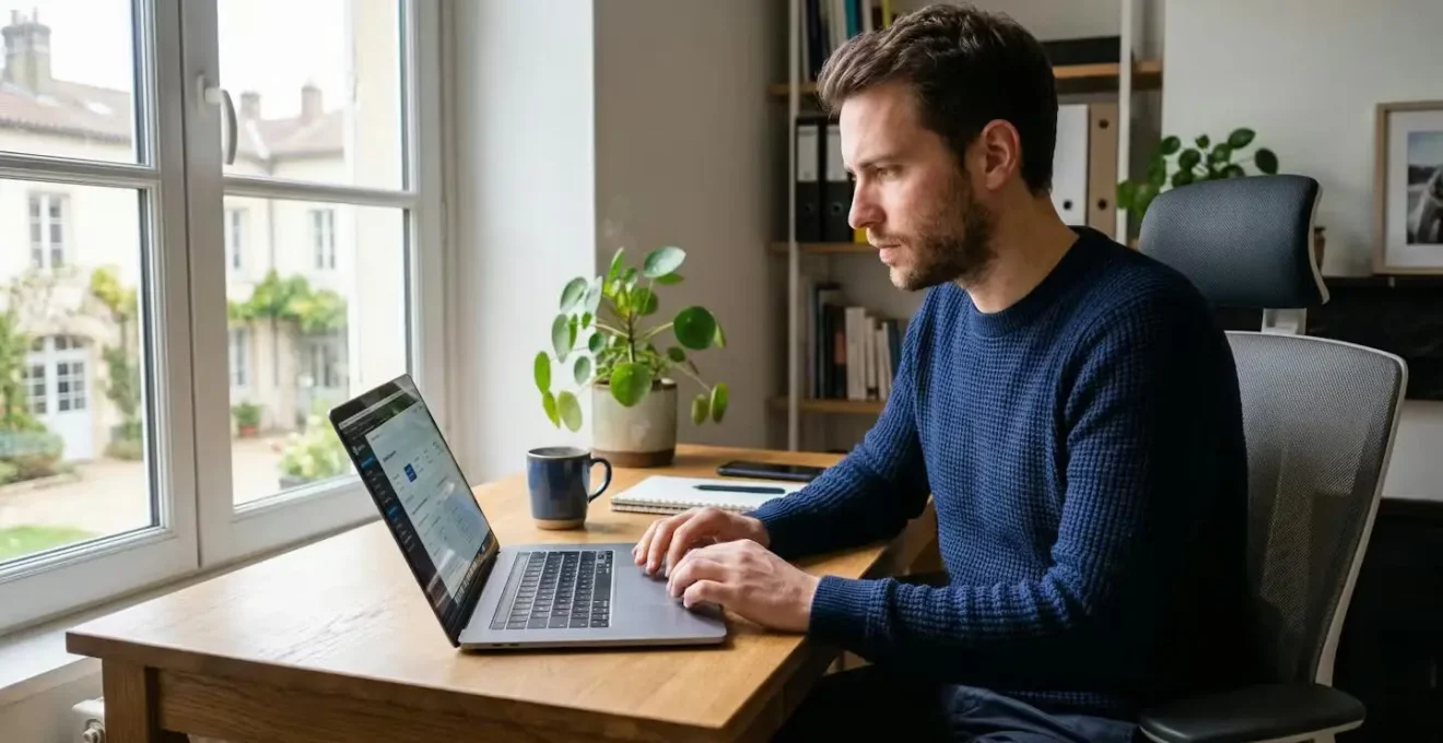 Entrepreneur concentré sur création EURL en ligne sur ordinateur portable