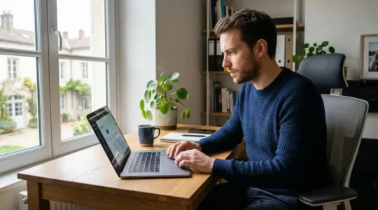 Entrepreneur concentré sur création EURL en ligne sur ordinateur portable