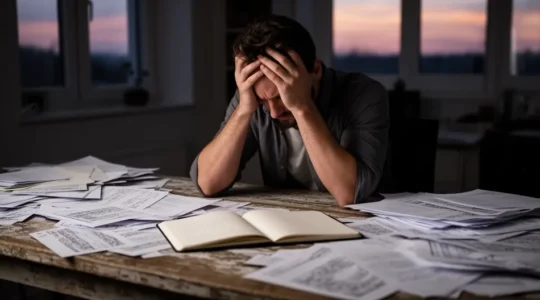 Entrepreneur épuisé dans son bureau, entouré de papiers et d'écrans, montrant des signes de fatigue mentale