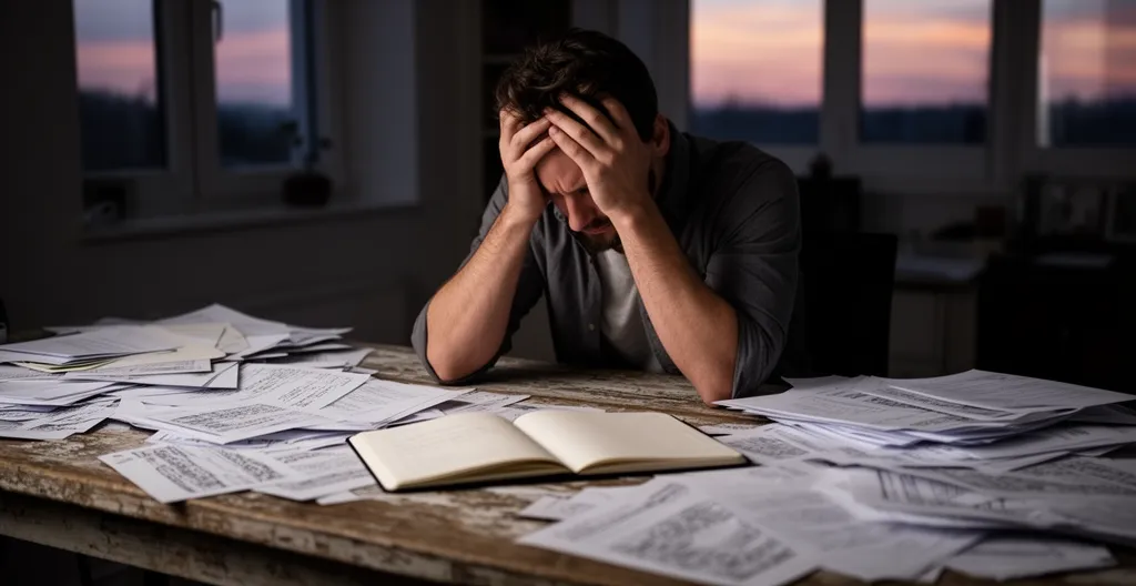 Entrepreneur épuisé dans son bureau, entouré de papiers et d'écrans, montrant des signes de fatigue mentale