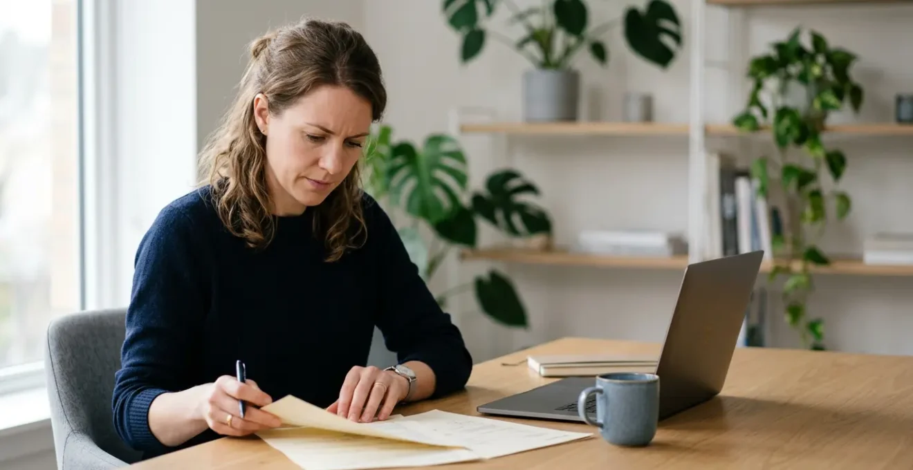 Entrepreneur consultant des documents administratifs sur un bureau avec ordinateur portable fermé et dossiers