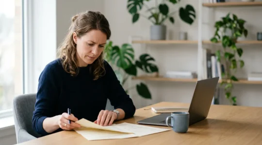 Entrepreneur consultant des documents administratifs sur un bureau avec ordinateur portable fermé et dossiers