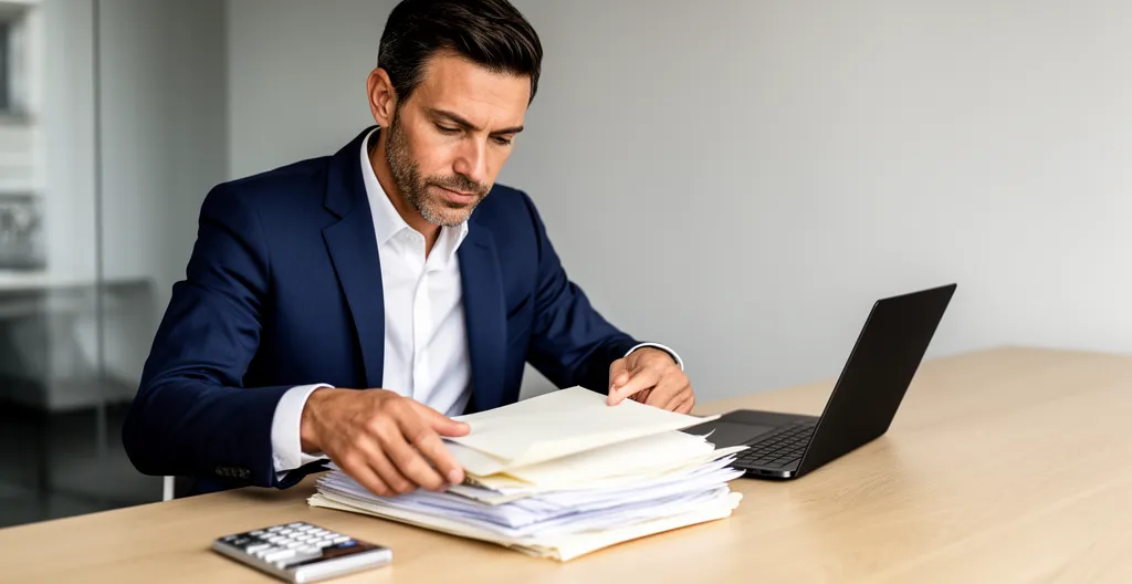 Entrepreneur français dans un bureau moderne préparant les documents pour créer sa société