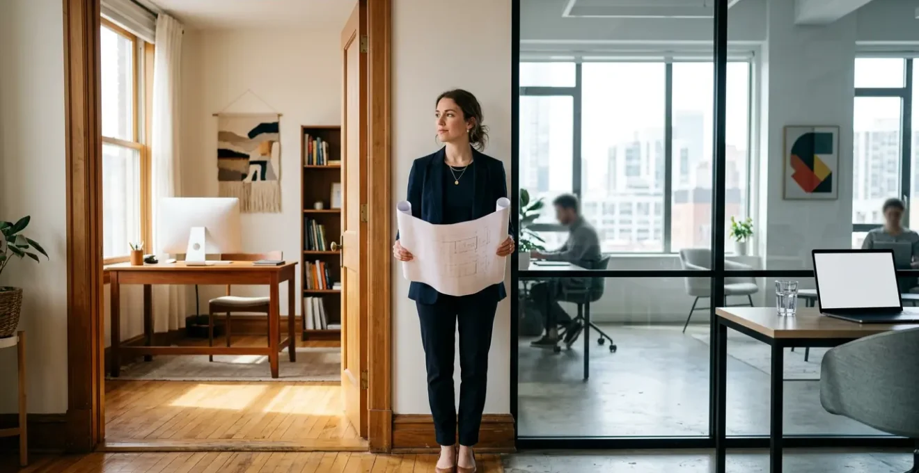 Entrepreneur réfléchissant entre son domicile et un espace de coworking pour établir son siège social