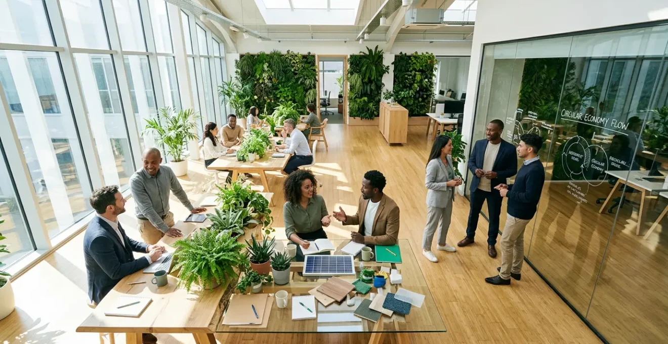 Vue aérienne d'un bureau moderne avec équipes collaboratives autour de tableaux de stratégie RSE