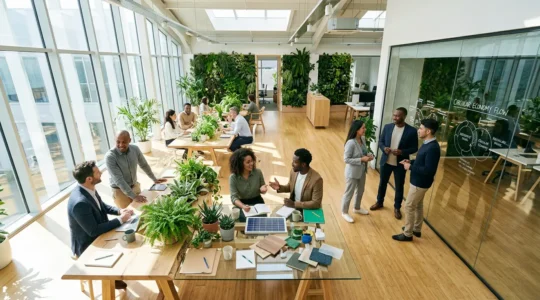 Vue aérienne d'un bureau moderne avec équipes collaboratives autour de tableaux de stratégie RSE