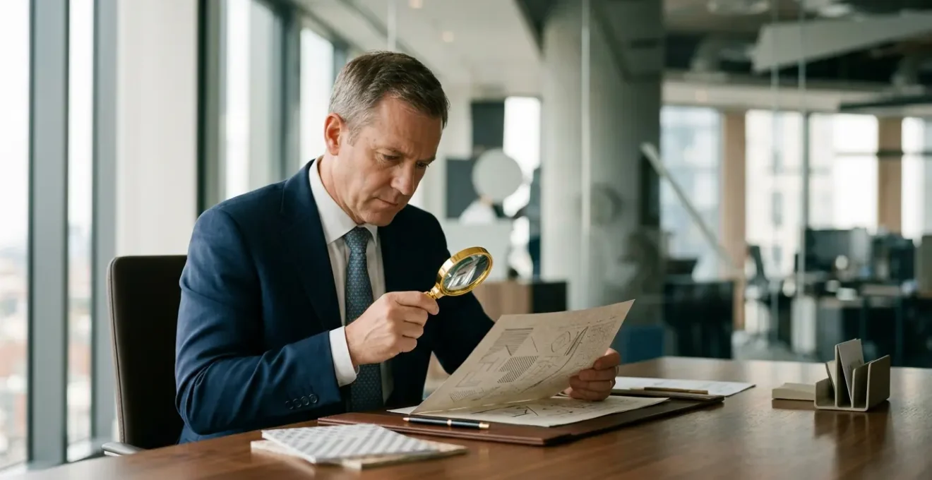 Un banquier examine attentivement un extrait Kbis avec une loupe dorée dans un bureau moderne