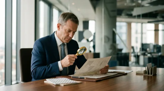 Un banquier examine attentivement un extrait Kbis avec une loupe dorée dans un bureau moderne