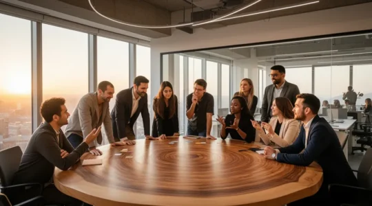 Bureau moderne avec équipe diversifiée en réunion créative, ambiance collaborative et dynamique