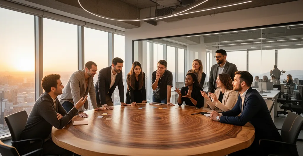 Bureau moderne avec équipe diversifiée en réunion créative, ambiance collaborative et dynamique