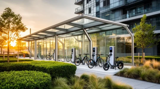 Station de mobilité multimodale intégrant des espaces de recharge pour vélos électriques et trottinettes en environnement urbain moderne