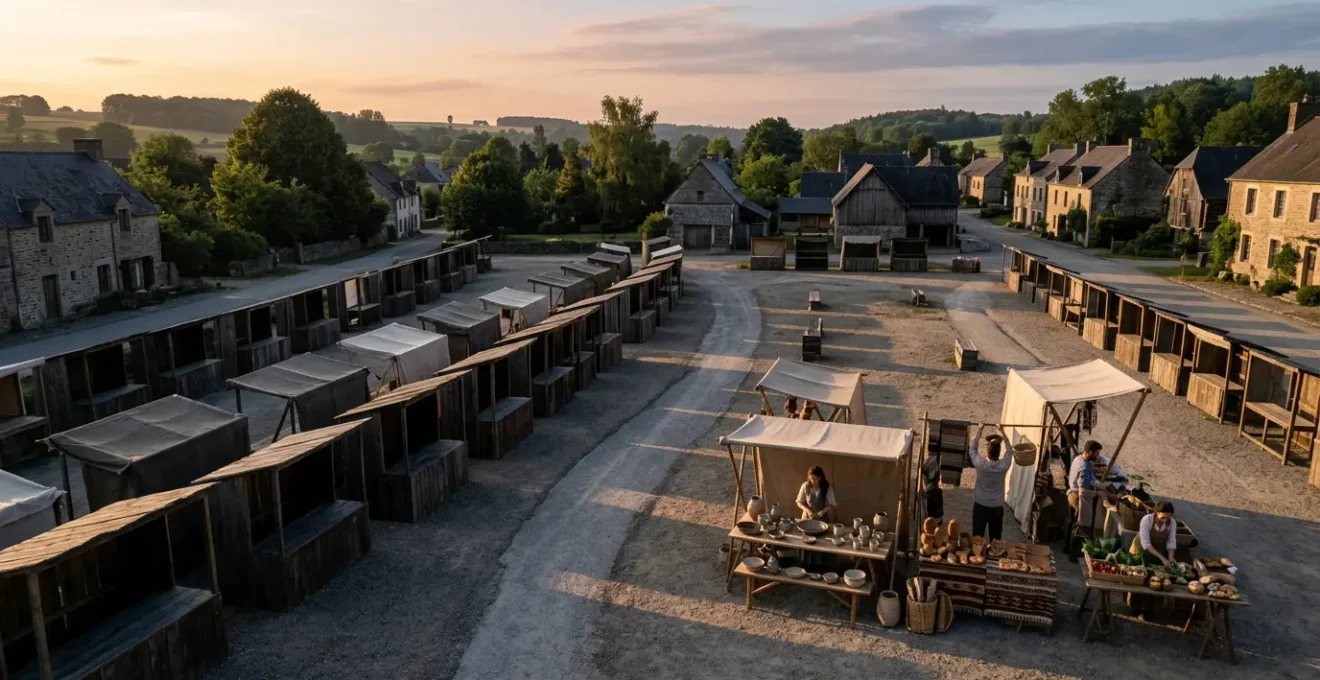 Vue aérienne d'un marché avec des étals vides et quelques vendeurs pionniers installant leurs produits uniques