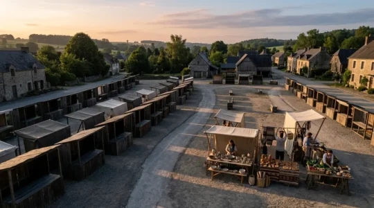 Vue aérienne d'un marché avec des étals vides et quelques vendeurs pionniers installant leurs produits uniques