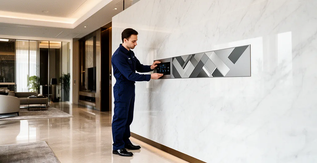 Vue intérieure d'une résidence moderne avec système domotique intégré et installateur professionnel