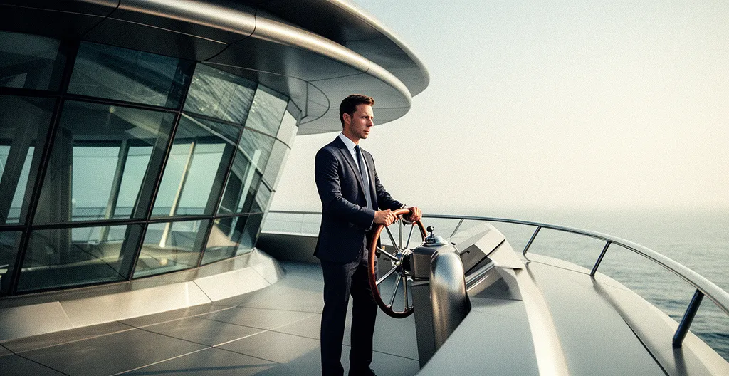 Un dirigeant debout à la proue d'un navire moderne dans une tempête, regardant l'horizon avec détermination