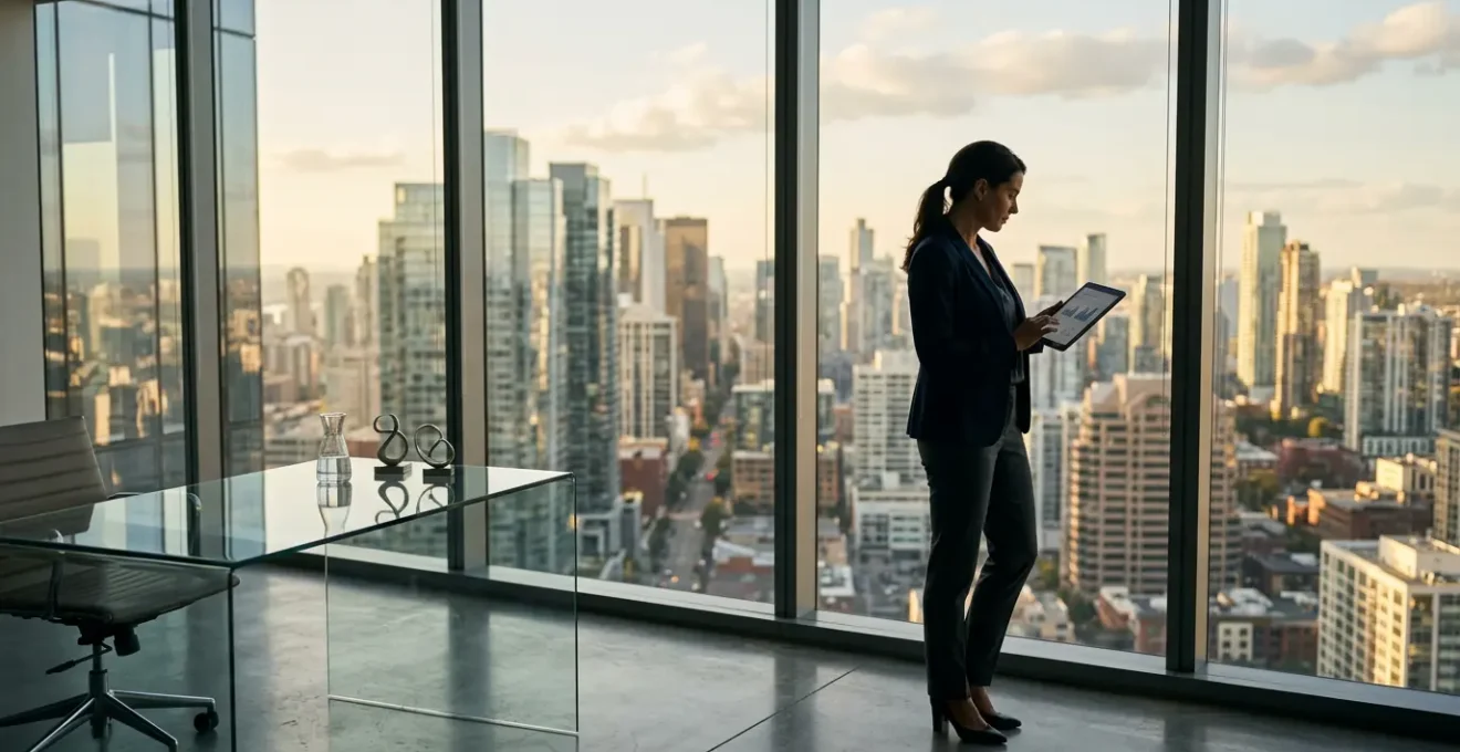 Leader dirigeant analysant des graphiques financiers dans un bureau moderne avec vue sur la ville