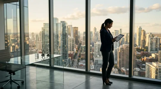 Leader dirigeant analysant des graphiques financiers dans un bureau moderne avec vue sur la ville
