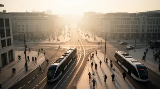 Vue conceptuelle d'une ville connectée avec différents modes de transport intégrés dans un écosystème numérique unifié