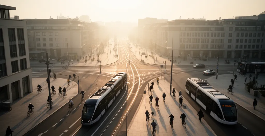 Vue conceptuelle d'une ville connectée avec différents modes de transport intégrés dans un écosystème numérique unifié