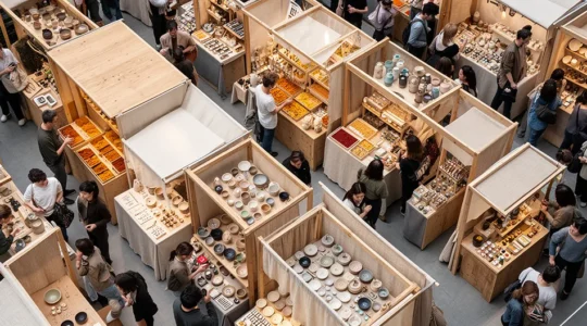 Vue aérienne d'un marché artisanal avec plusieurs petits stands spécialisés entourés d'une foule dense, symbolisant la stratégie de micro-niche