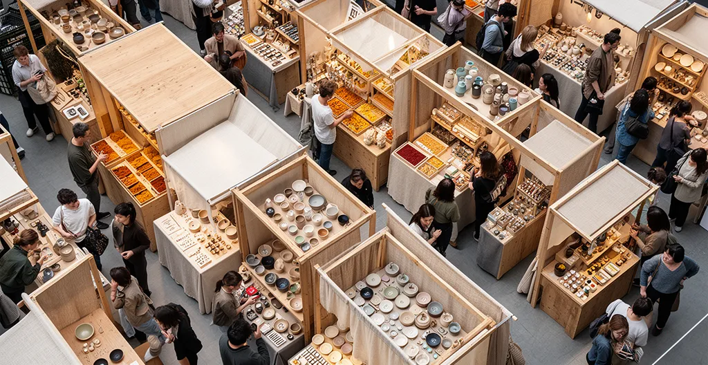 Vue aérienne d'un marché artisanal avec plusieurs petits stands spécialisés entourés d'une foule dense, symbolisant la stratégie de micro-niche