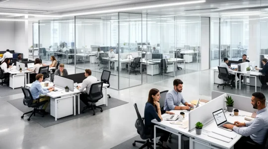 Vue d'ensemble d'un espace de bureau moderne avec plusieurs équipes de travail en collaboration