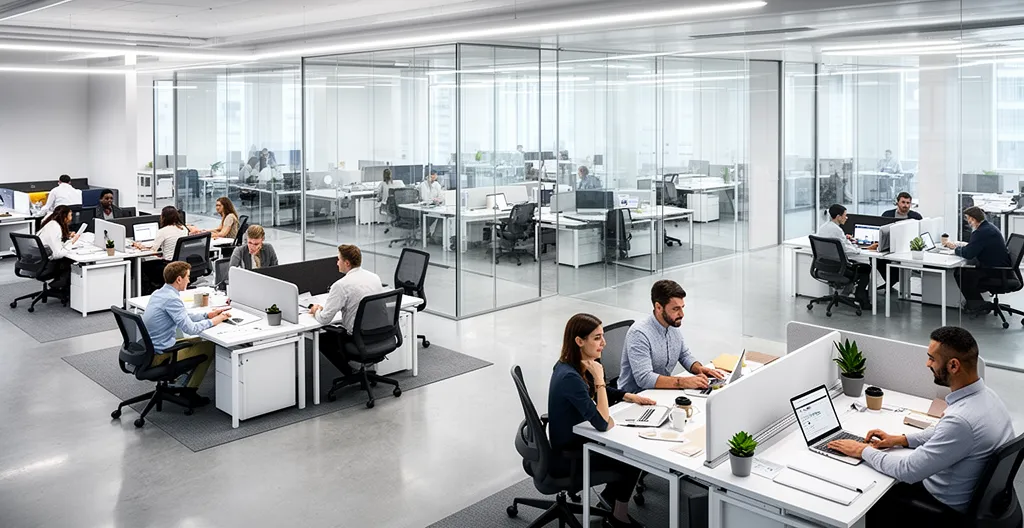 Vue d'ensemble d'un espace de bureau moderne avec plusieurs équipes de travail en collaboration