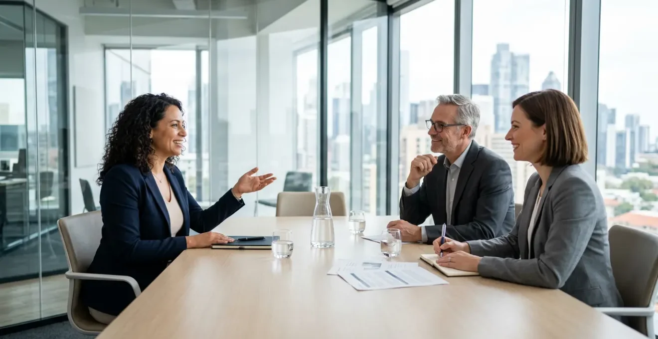 Entrepreneur en réunion professionnelle avec conseillers financiers dans un bureau moderne