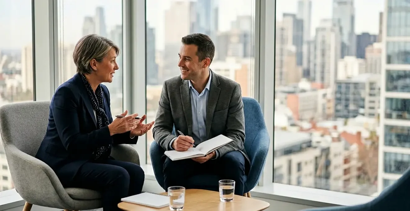 Mentore et mentor en discussion professionnelle dans un bureau moderne avec vue panoramique