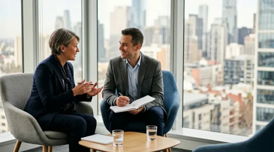 Mentore et mentor en discussion professionnelle dans un bureau moderne avec vue panoramique