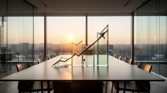 Vue stratégique d'un bureau moderne montrant des graphiques de progression et des indicateurs de performance pour illustrer le retour sur investissement du coaching en entreprise