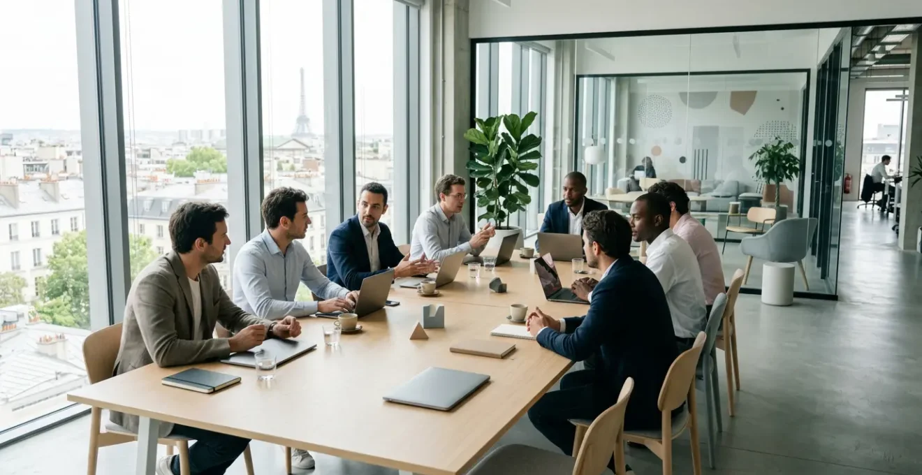 Réunion entre entrepreneurs et investisseurs dans un espace de coworking moderne, préparant une levée de fonds