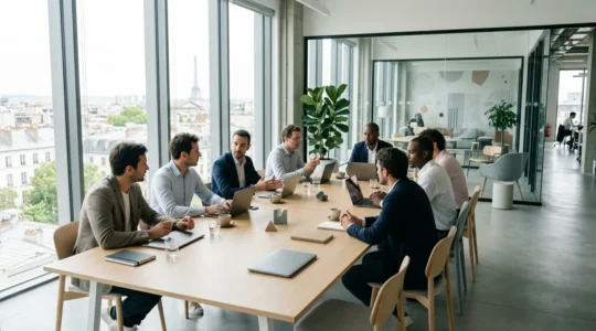 Réunion entre entrepreneurs et investisseurs dans un espace de coworking moderne, préparant une levée de fonds